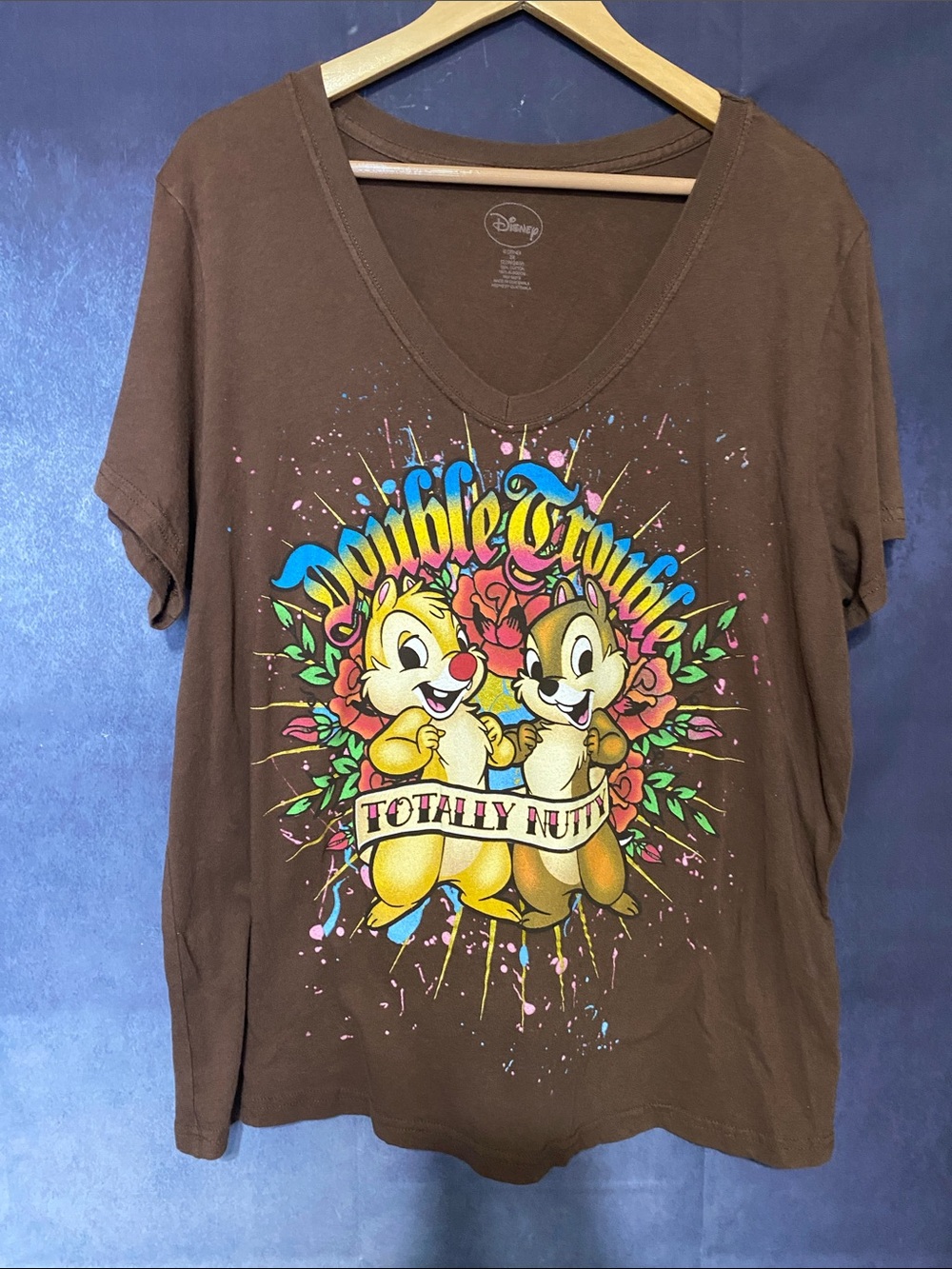 Disney Brown V-Neck Tee with Colorful Chip and Dale Graphic